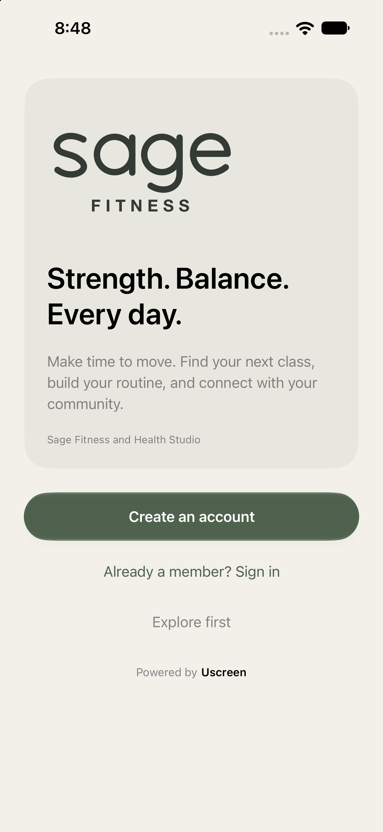 Sage Fitness iPhone app welcome screen