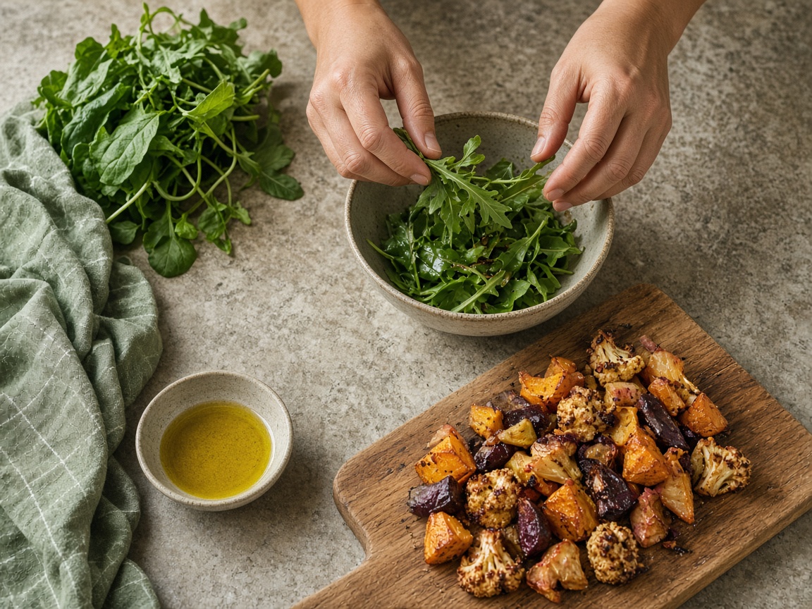 Hands preparing a simple meal of greens and roasted vegetables