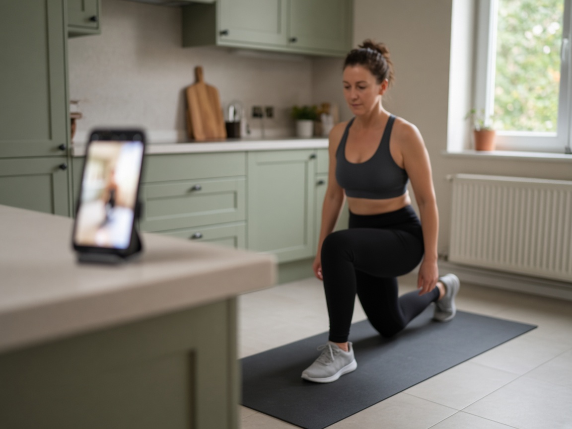 A person doing a lunge at home while a phone sits on the kitchen counter
