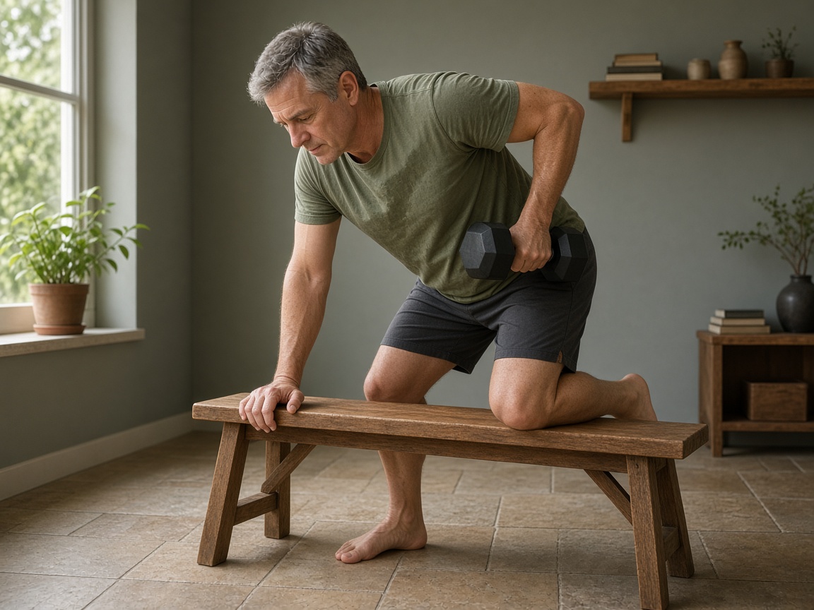 A man performing a dumbbell row in a home workout corner