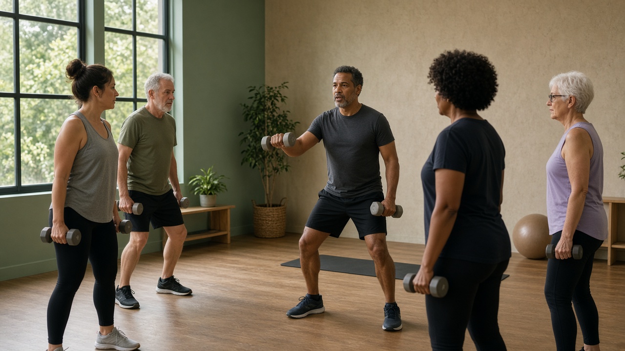 A small mixed-age class lifting light dumbbells in a calm studio